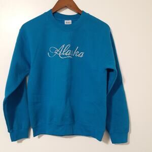 Vintage Gildan Sweatshirt Women's Blue S Cotton Polyester Alaska Rhinestone